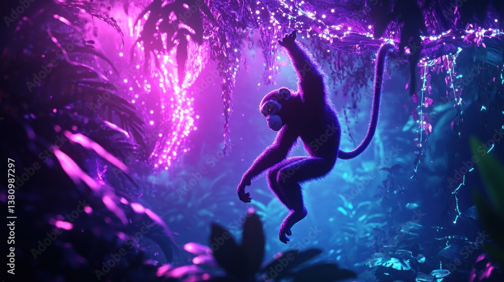 Monkey Swinging in Lush Jungle with Vibrant Pink and Blue Lighting Monkey Swinging in Lush Jungle with Vibrant Pink and Blue Lighting