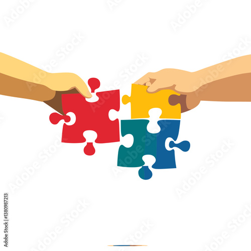 Hands Connecting Colorful Puzzle Pieces on White Background