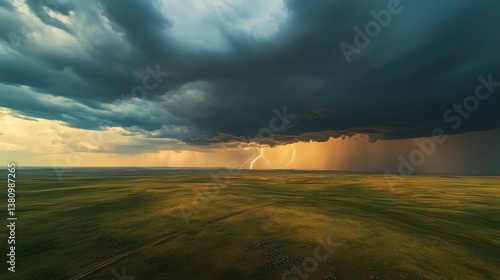 Obraz na płótnie Lightning Strikes During Storm Over Vast Grassy Plain Landscape w salonie