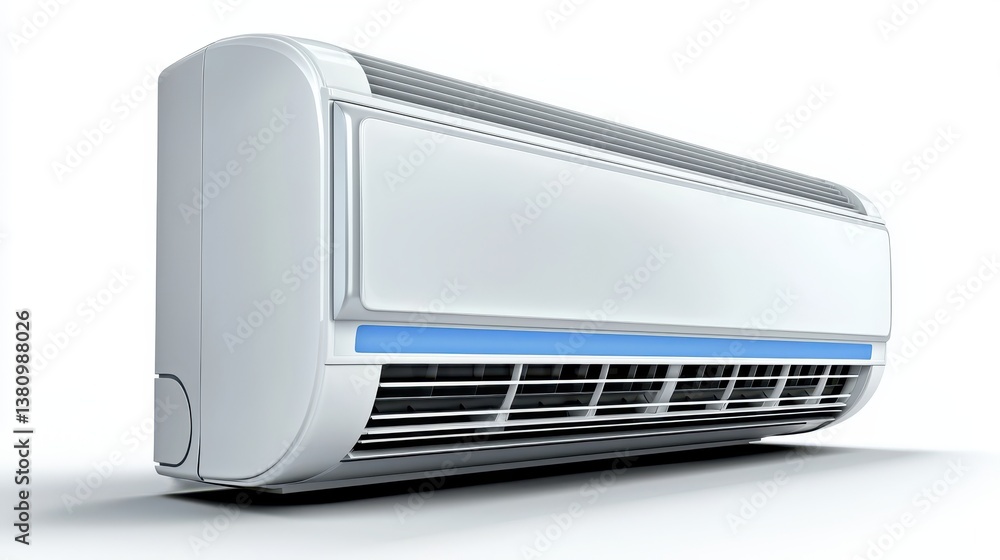 Modern white air conditioner with blue trim, efficient cooling for home comfort cooling Modern white air conditioner with blue trim, efficient cooling for home comfort cooling