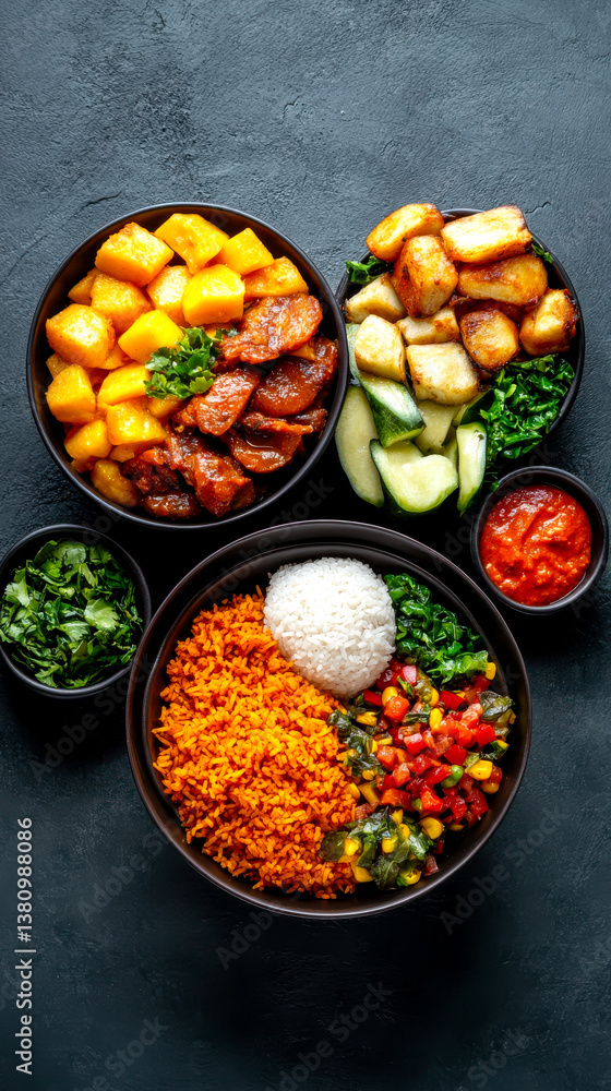 A vibrant assortment of traditional dishes featuring rice, beans, vegetables, and meats, beautifully presented in black bowls against a dark background. A vibrant assortment of traditional dishes featuring rice, beans, vegetables, and meats, beautifully presented in black bowls against a dark background.
