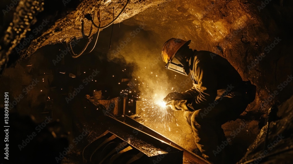 Man Welding Metal Underground with Protective Gear in a Dark Environment
