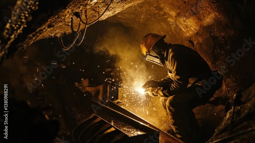 Obraz na płótnie Man Welding Metal Underground with Protective Gear in a Dark Environment w salonie