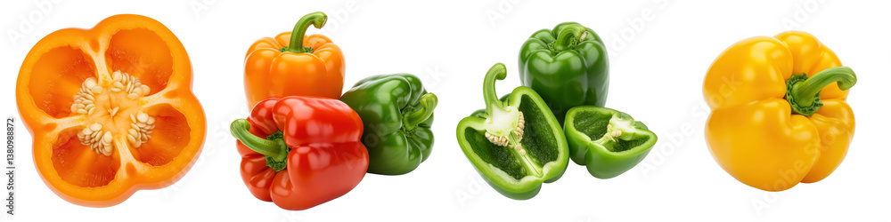 Colorful bell peppers whole, halved and sliced. Colorful bell peppers whole, halved and sliced.