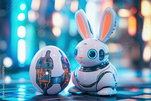 A robotic bunny with glowing blue eyes in a bright futuristic laboratory setting surrounded by metallic spheres.
