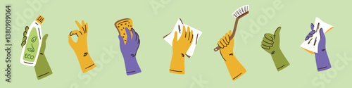 Collection of hands wearing protective rubber gloves and holding cleaning supplies. Sponge, eco detergent bottle, brush. Home cleanup housekeeping cleaners. Spring cleaning. Flat vector illustration