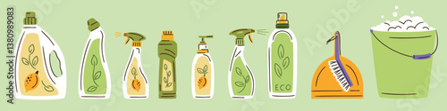 Set of Bottles and canisters of Eco-friendly Green detergent product for different surfaces in kitchen, bathroom and other rooms. Spring cleaning. Zero waste lifestyle, Green home concept.