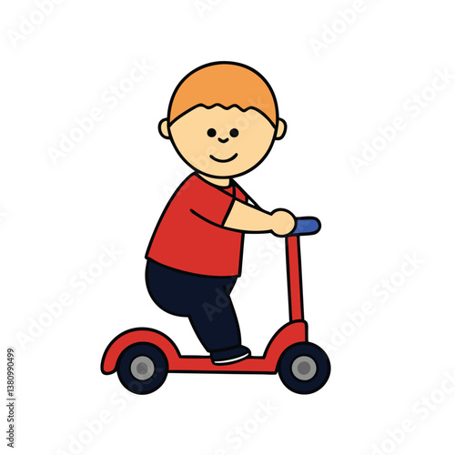 Cartoon Boy Riding Red Scooter with Transparent Background
