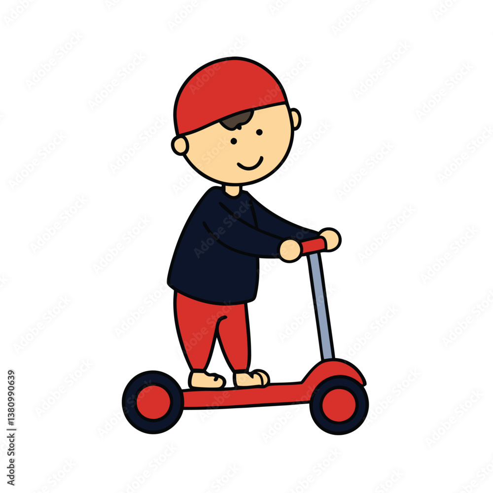 Cartoon Boy Riding Scooter in Red Outfit with a Happy Expression on White Cartoon Boy Riding Scooter in Red Outfit with a Happy Expression on White