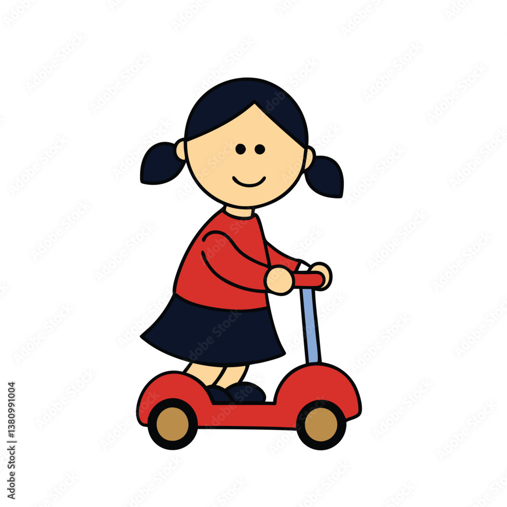 Cartoon Girl on Red Scooter with Pigtails on Transparent Background Cartoon Girl on Red Scooter with Pigtails on Transparent Background