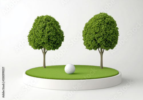 Miniature Golf Scene Green Trees and White Golf Ball on Circular Putting Green