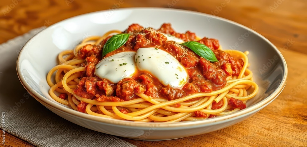 A steaming plate of spaghetti bolognese, topped with melted mozzarella and fresh basil, spaghetti bolognese, steam A steaming plate of spaghetti bolognese, topped with melted mozzarella and fresh basil, spaghetti bolognese, steam