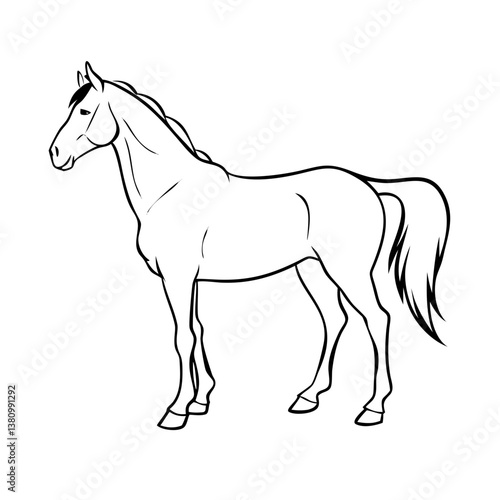 Horse line art vector, graceful standing pose, elegant equine icon, minimal animal symbol, artistic outline design, wild horse logo, pet silhouette, black and white illustration.