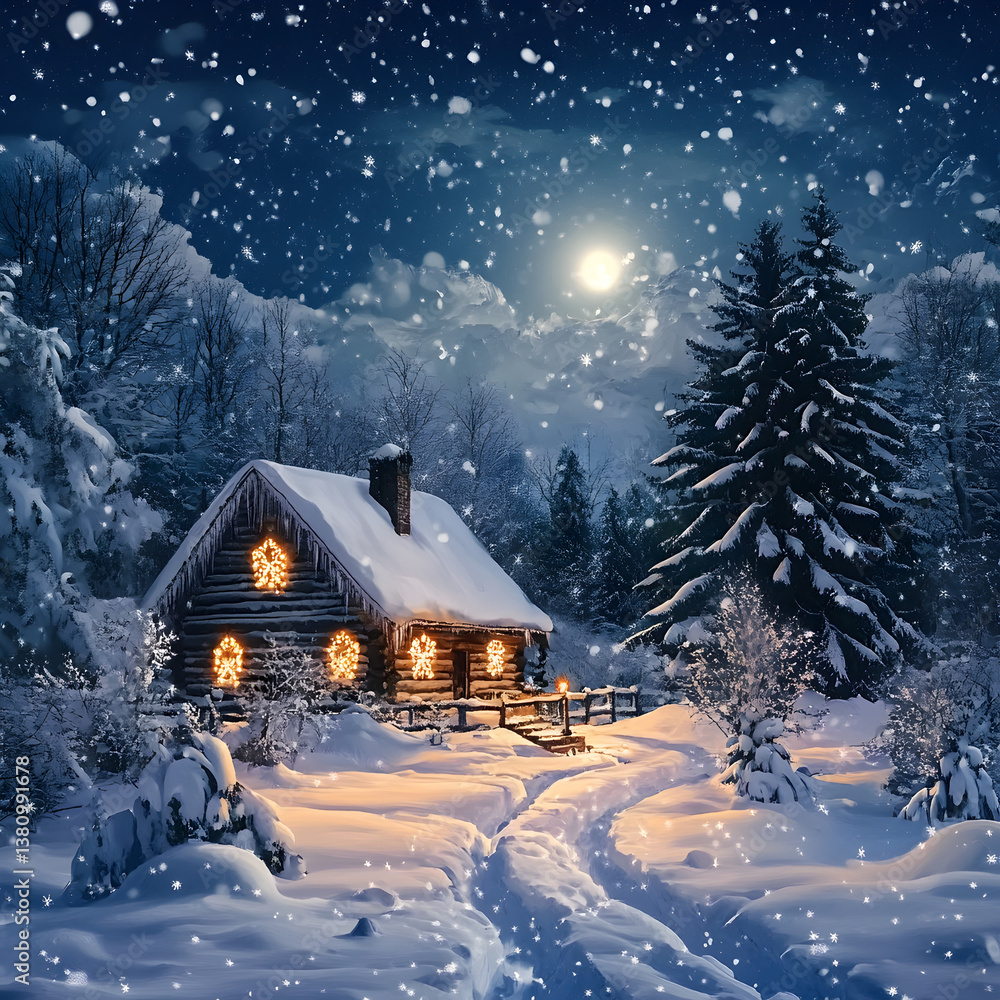 Fototapeta premium Cozy Rustic Cabin in Snowy Mountains On white background