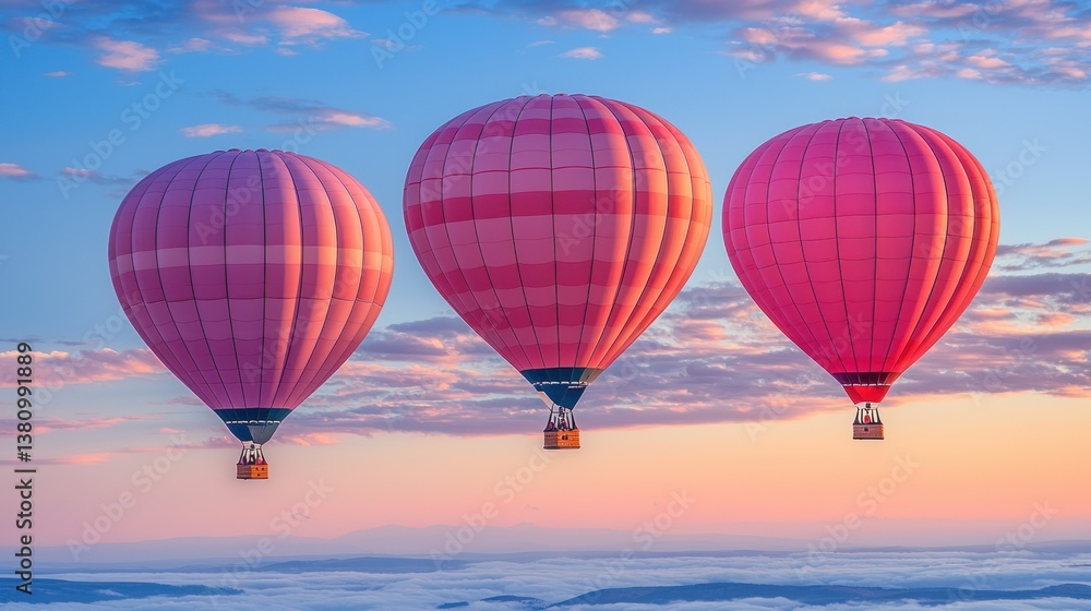 Fototapeta premium Three Pink Hot Air Balloons Soaring at Sunrise