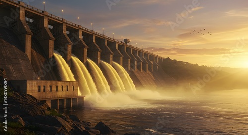 Water Flowing Through Dam Gates at Sunset with Birds Flying