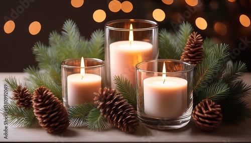 lit candles in glass holders surrounded by pinecones and evergreen branches