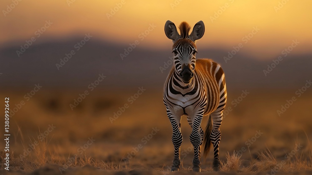 Fototapeta premium Zebra stands majestically against a warm sunset backdrop. Stripes shine.