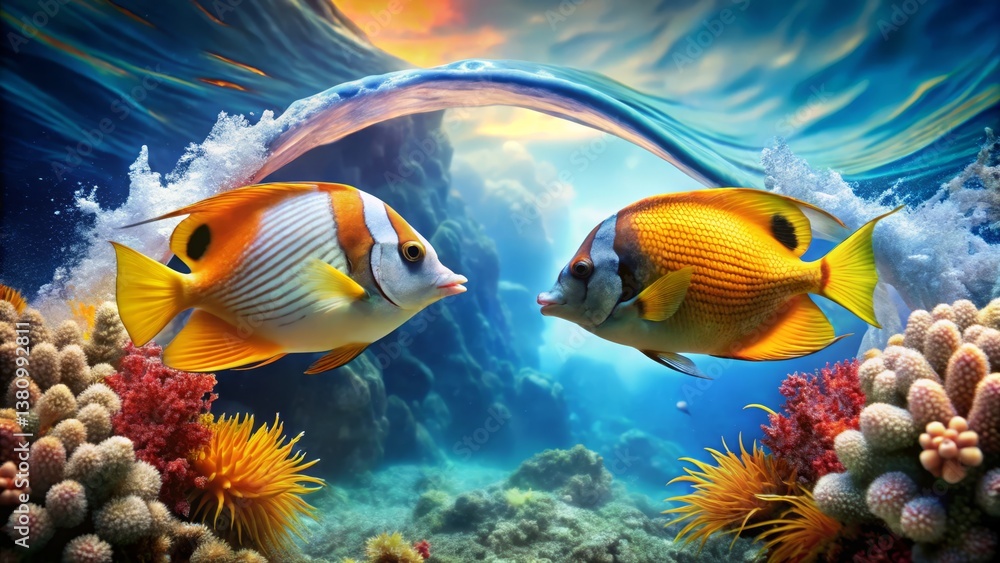 Naklejka premium Colorful Underwater Scene with Fish Swimming Near Coral Reefs