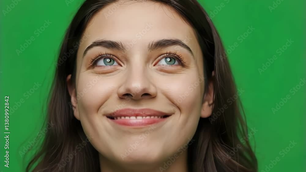 Smiling woman looking up with hopeful expression against green screen for inspiration, wellness, or mindset content. Smiling woman looking up with hopeful expression against green screen for inspiration, wellness, or mindset content.