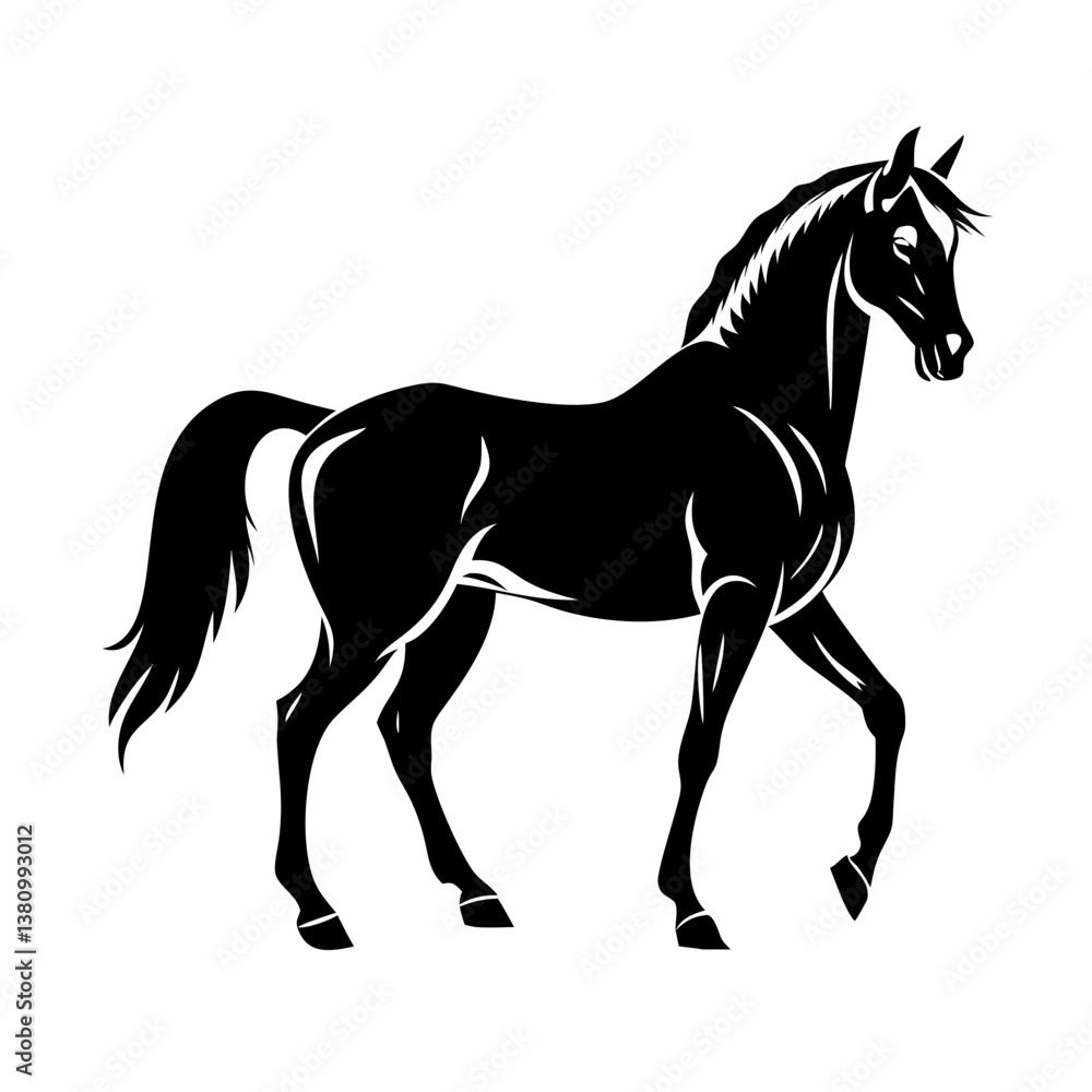 Obraz premium Graceful horse vector icon, detailed illustration, walking pose, elegant animal symbol, strong and beautiful equine, black silhouette, logo design, wild horse art, pet graphic.