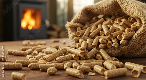 Wood Pellets Spill From Burlap Bag with Fireplace Background Still Life
