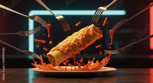 Enchilada Matrix A chosen one enchilada dodging flying forks in bullet-time, sauce dripping in slow motion. photo
