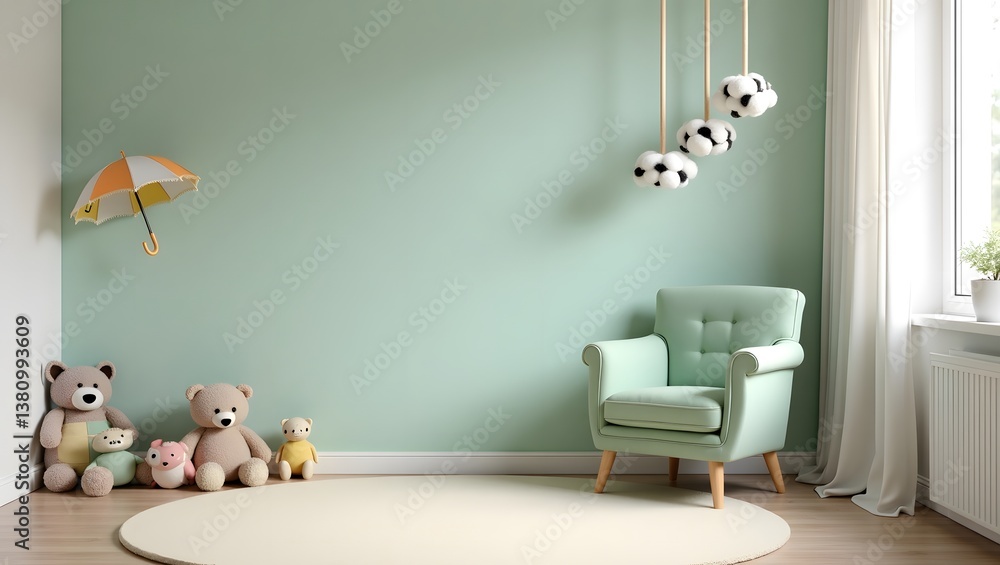 Fototapeta premium Stylish Scandinavian kid room with toys, teddy bear, plush animal toys, mint armchair, umbrella, cotton balls. Modern interior with eucalyptus background walls.