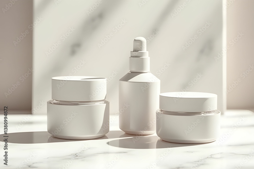 High end cosmetic bottle with a sleek and elegant custom label, placed on a marble countertop with soft shadows and natural light reflections. Cosmetic product presentation with background High end cosmetic bottle with a sleek and elegant custom label, placed on a marble countertop with soft shadows and natural light reflections. Cosmetic product presentation with background