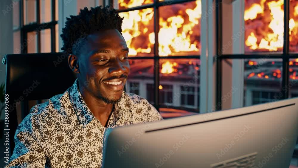 Un hombre negro trabajando tranquilamente frente a una computadora mientras una gran explosión ilumina el fondo a través de las ventanas.  
