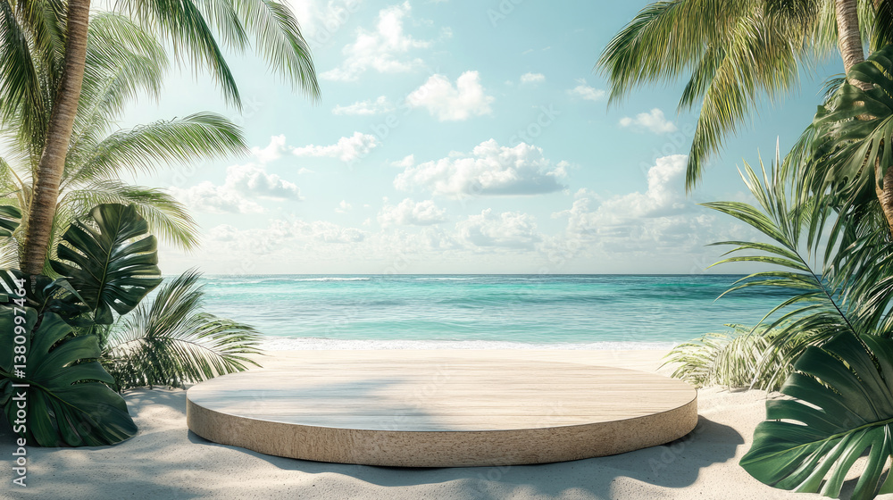 Fototapeta premium Empty white round podium for product presentation and demonstration against the backdrop of a tropical beach, palm trees, sea, and blue sky, perfect for vacation and summer product showcases.