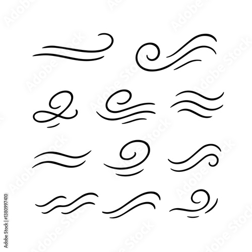 Doodle wind  blow, gust design isolated on white background. vector hand drawn illustration