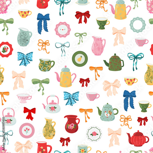 preppy coquette Bow knots, crockery seamless pattern. plate, jug, cup, mug, teapot kettles texture