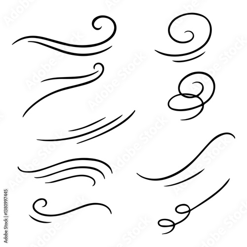 Doodle wind line sketch set. Hand drawn doodle wind motion, air blow, swirl elements. Sketch drawn air blow motion, smoke flow art, abstract line.