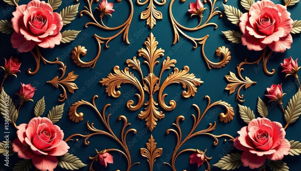 Intricate floral damask wallpaper, elegant gold accents, rich, gold, repeating