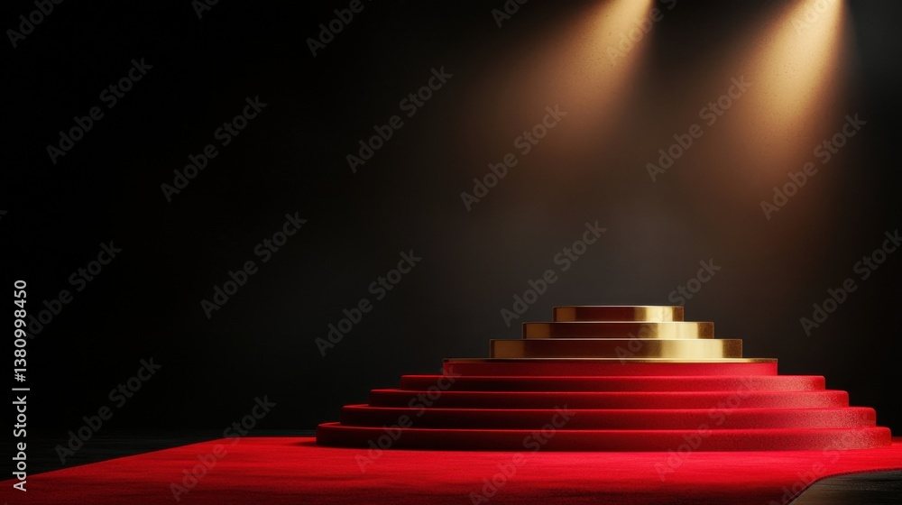 Obraz premium Three-tiered gold podium with soft reflections, placed on a luxurious red carpet, spotlight effect from above.