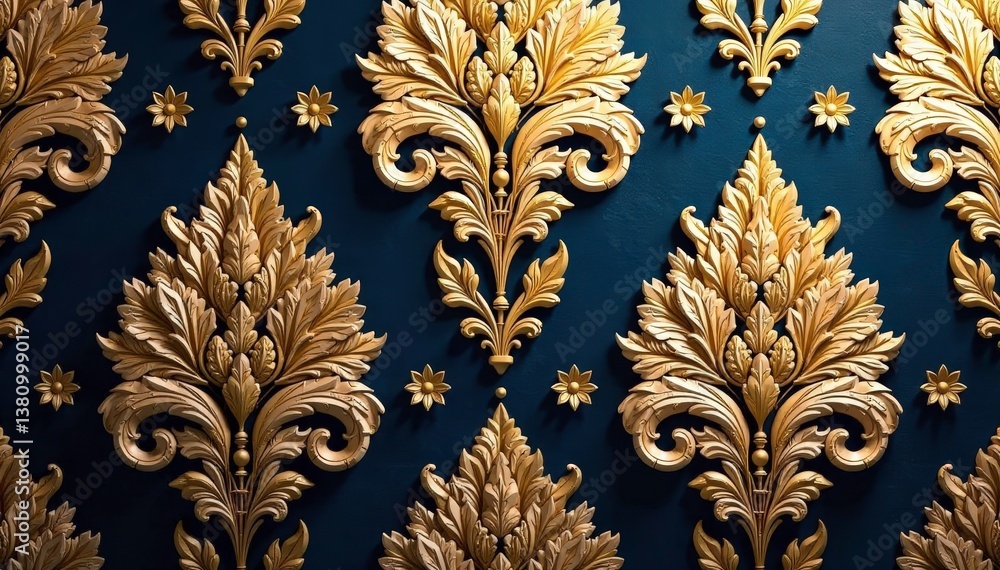 Intricate floral damask wallpaper, gold accents, decor, vintage, brocade