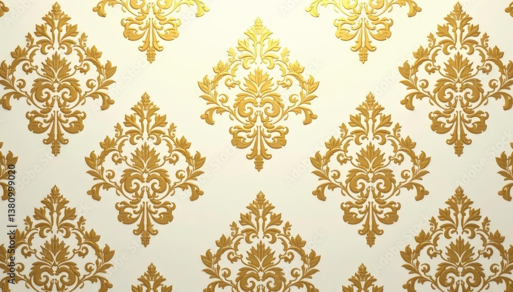 Intricate floral damask wallpaper in muted golds and creams, decoration, wallpaper