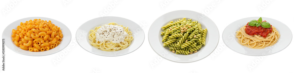 Four plates of delicious pasta macaroni and cheese, Alfredo, pesto, and marinara. Four plates of delicious pasta macaroni and cheese, Alfredo, pesto, and marinara.