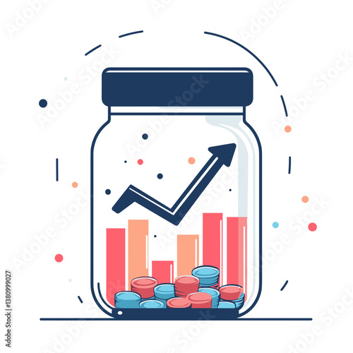 Financial Growth Represented by Rising Graph Inside a Glass Jar Filled with Colorful Tablets