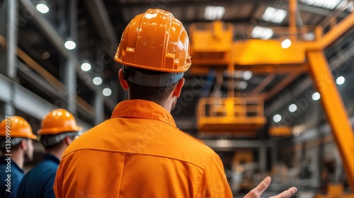 Overhead crane inspection Concept, Team Discussing Maintenance Inspection Results in Industrial Setting