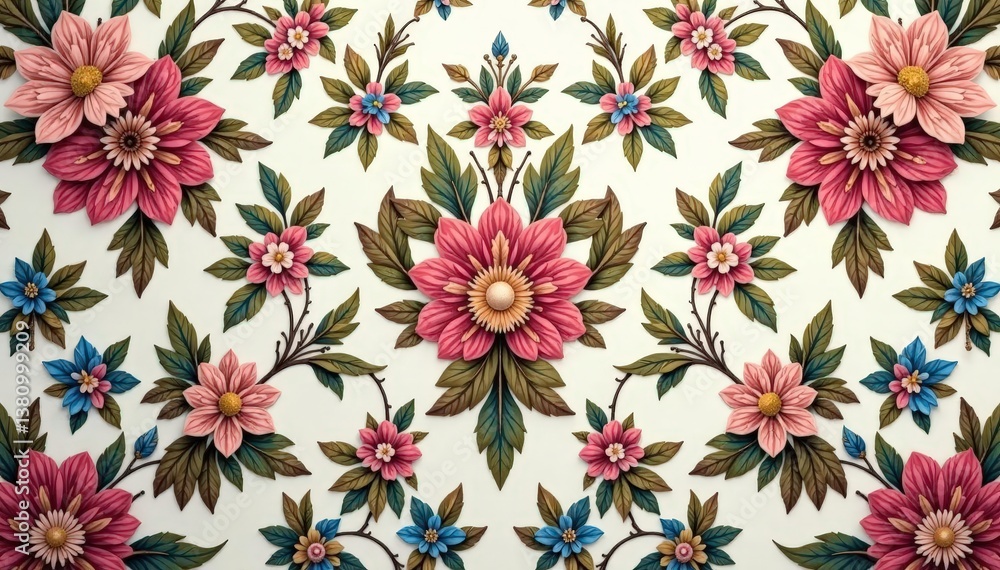 Intricate floral damask wallpaper in muted tones, plant, home, design element