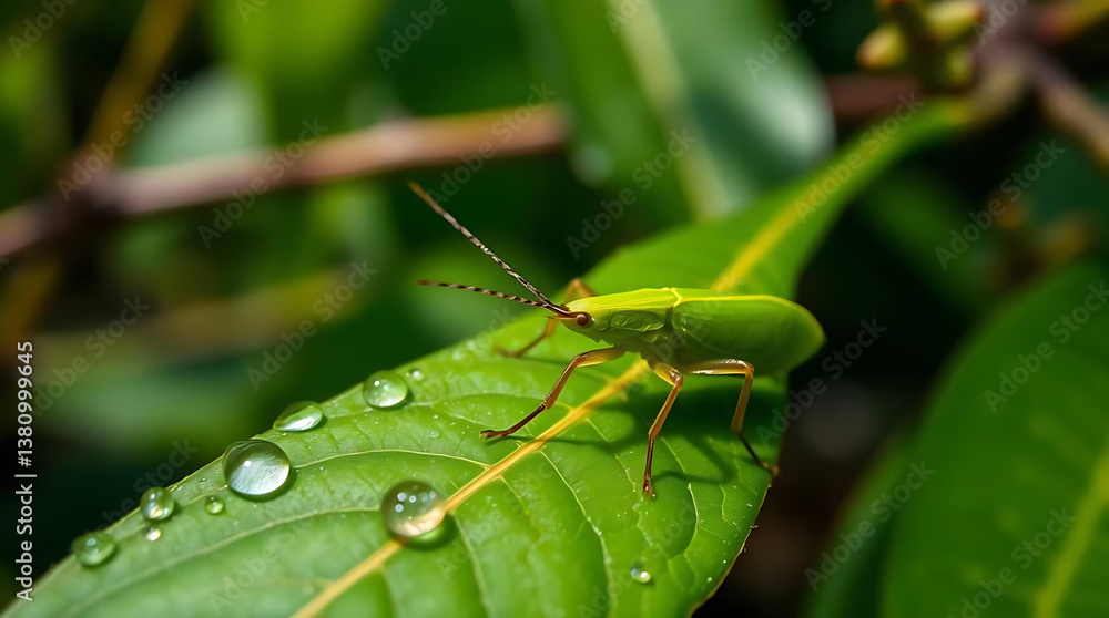 Fototapeta premium Leaf Insect Camouflaged on a Damp Jungle Leaf