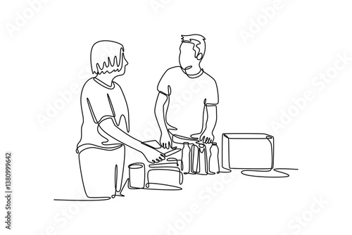 Small diverse group of volunteers working in a community charity donation center. Community focused concept. Single line draw design. Vector graphic illustration