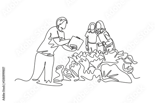 The leader provides an explanation to members regarding herbal plant products in an agricultural community. Community focused concept. Single line draw design. Vector graphic illustration