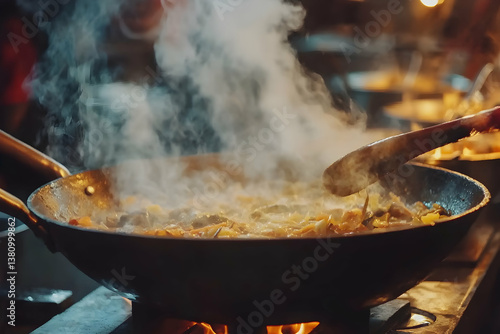 Sizzling Stir-Fried Vegetables and Meat in a Wok with Steaming Aroma Over an Open Flame