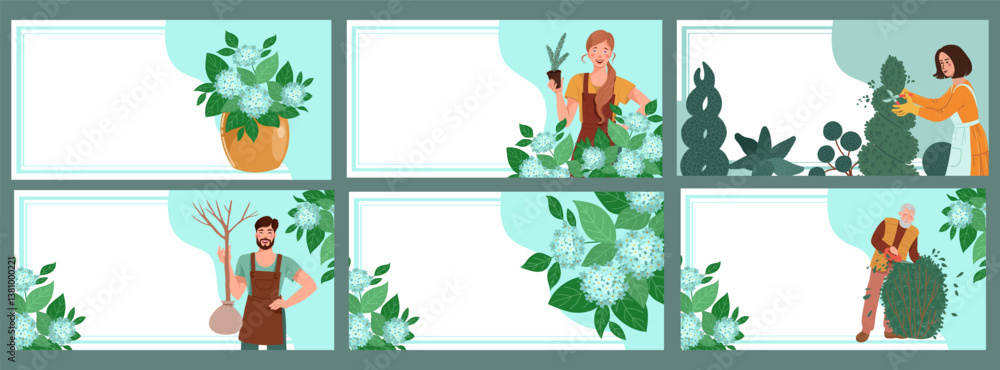 Fototapeta premium Collection of templates of banners featuring gardening themes and spring sale promotions.Diverse characters engaged in gardening tasks, showcasing plants and garden tools. Vector illustration