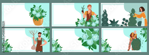 Collection of templates of banners featuring gardening themes and spring sale promotions.Diverse characters engaged in gardening tasks, showcasing plants and garden tools. Vector illustration