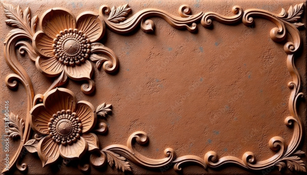 Intricate floral design etched into a clay surface , photography, design, floral