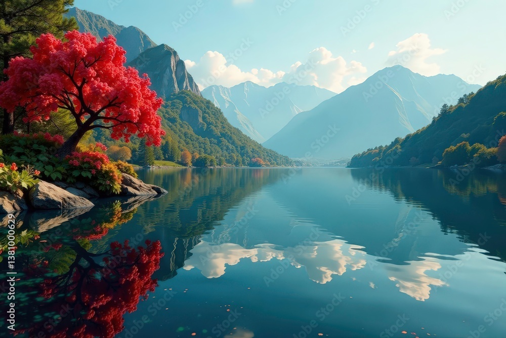Intricate floral design reflected on calm lake surface, floral, illustration